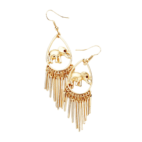 Gold Toned Elephant Teardrop Dangle Earrings with Fringes