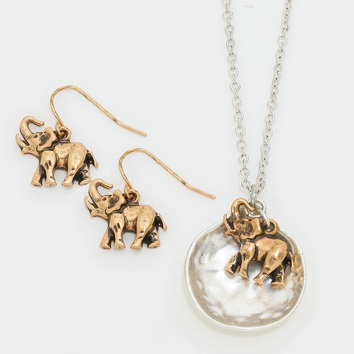 Delta Sigma Theta Inspired Silver Toned Hammered Metal Elephant Pendant and Disc Set