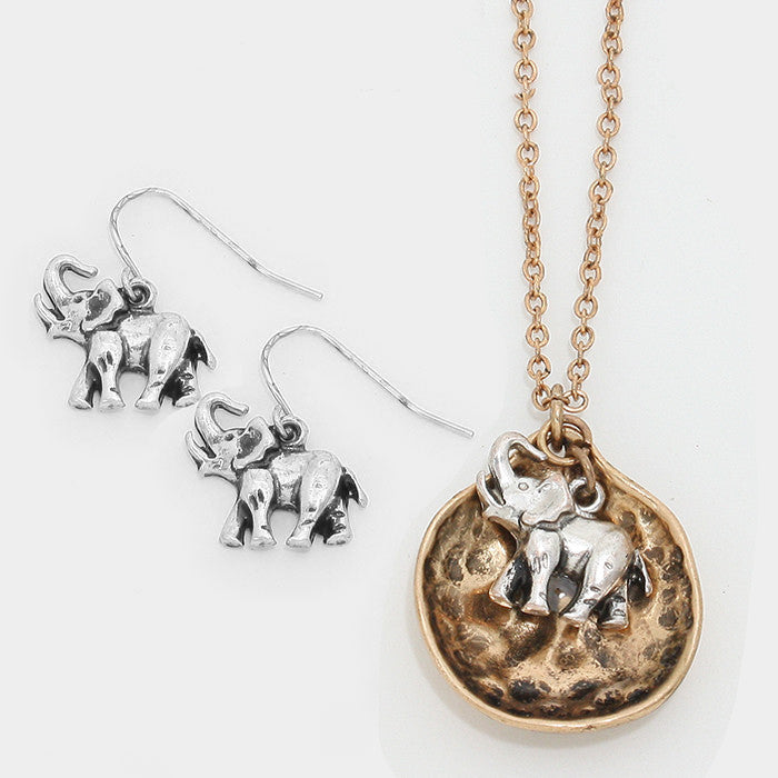 Delta Sigma Theta Inspired Gold Toned Hammered Metal Elephant Pendant and Disc Set