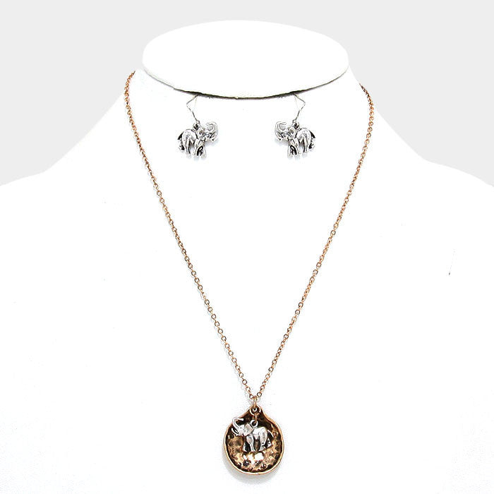Delta Sigma Theta Inspired Gold Toned Hammered Metal Elephant Pendant and Disc Set