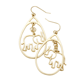 Worn Gold Toned Accented Metal Elephant Teardrop Earrings by Elephant Boutique
