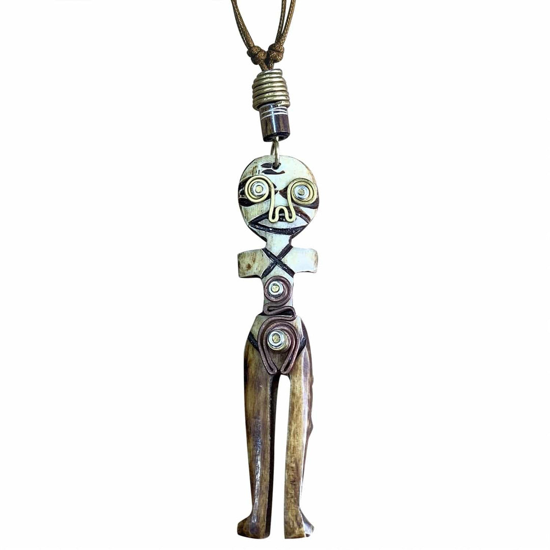 African Fertility: Authentic Handmade African Mask Bone & Brass Pendant Necklace