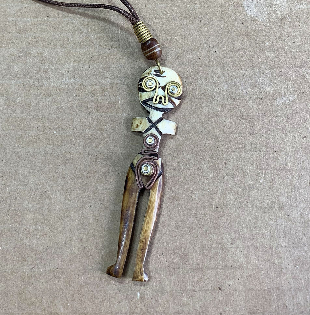 African Fertility: Authentic Handmade African Mask Bone & Brass Pendant Necklace