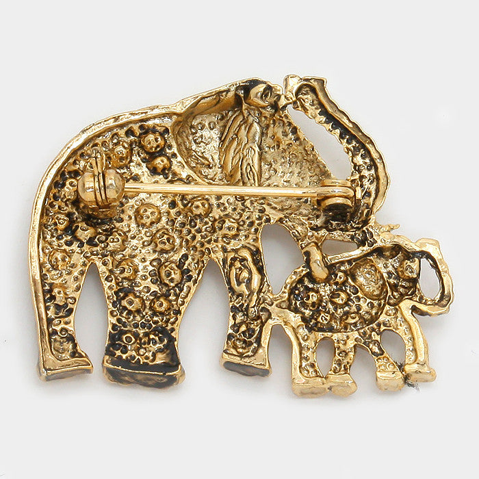 Gold Toned Crystal Pave Elephant Family Brooch (Back)