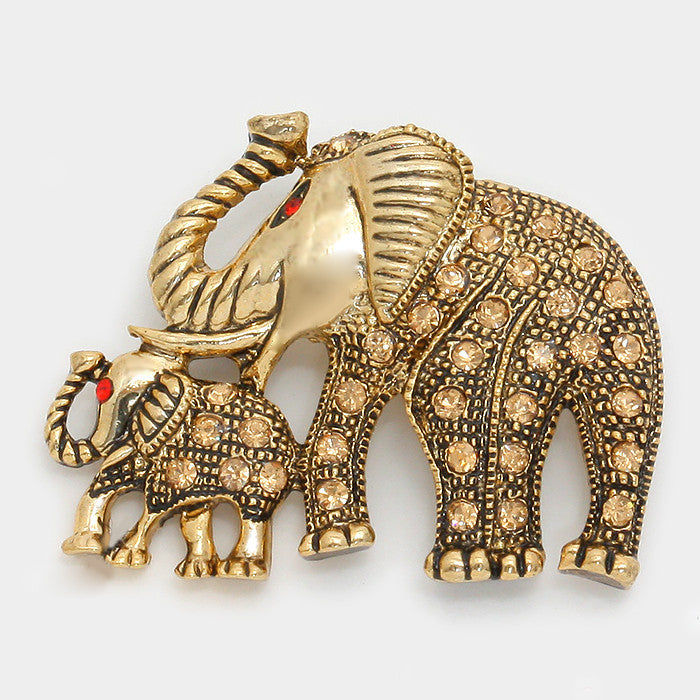 Gold Toned Crystal Pave Elephant Family Brooch (Front)