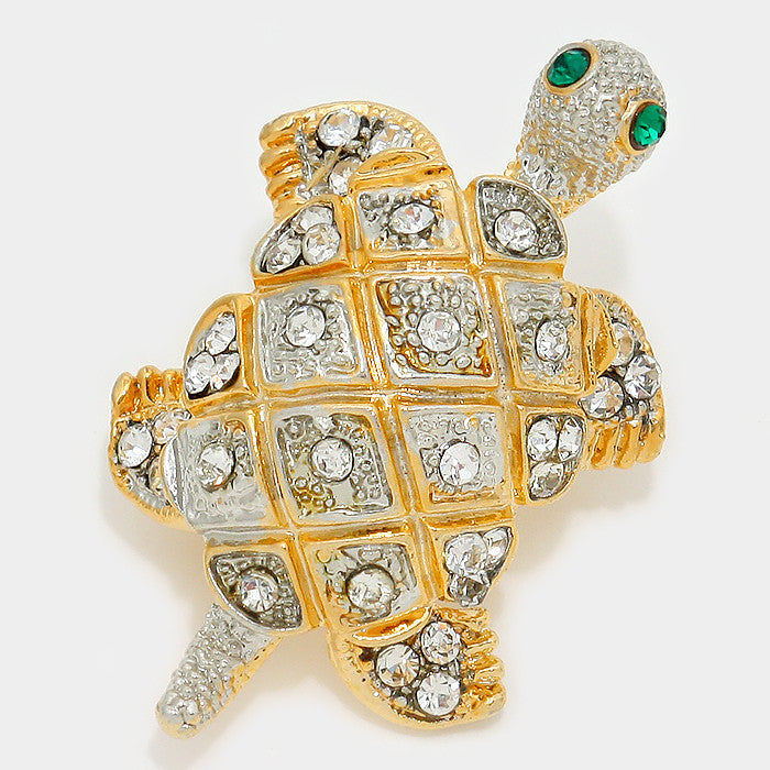 Order of Turtle Inspired Crystal Pave Gold Toned Brooch (Front)