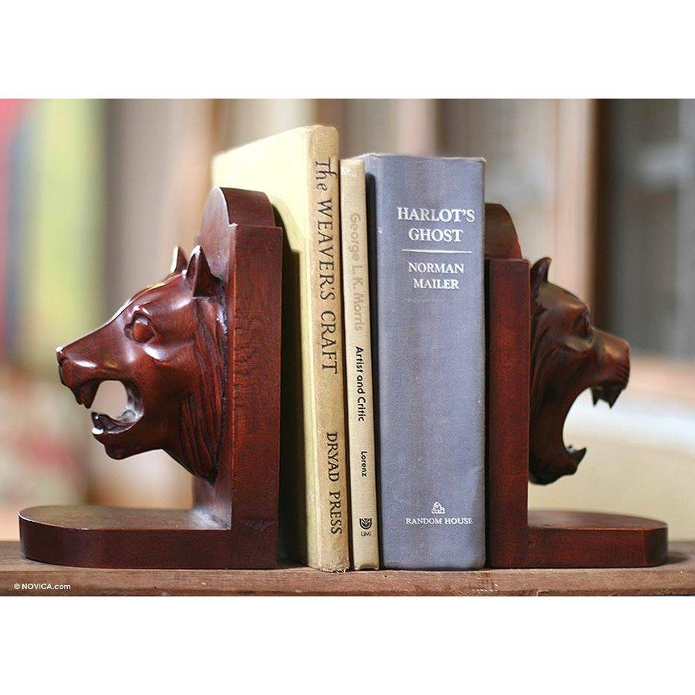 African Lion: Authentic Hand Carved Wood Bookends