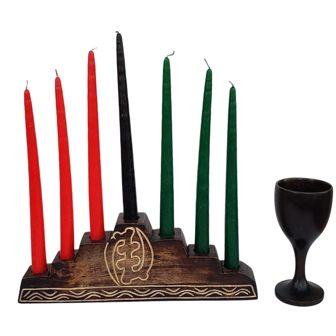 Gye Nyame Pyramid: Authentic Hand Caved Kwanzaa Kinara Wood Celebration Set (Brown)