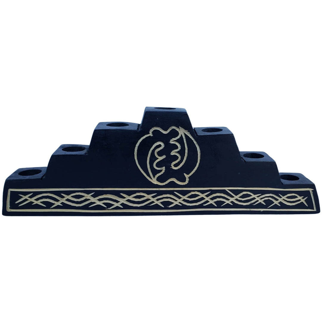 Gye Nyame Pyramid: Authentic Hand Caved Kwanzaa Kinara Wood Celebration Set (Black)