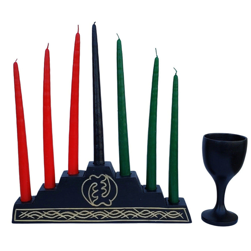 Gye Nyame Pyramid Authentic Hand Carved Kwanzaa Wood Kinara Set The