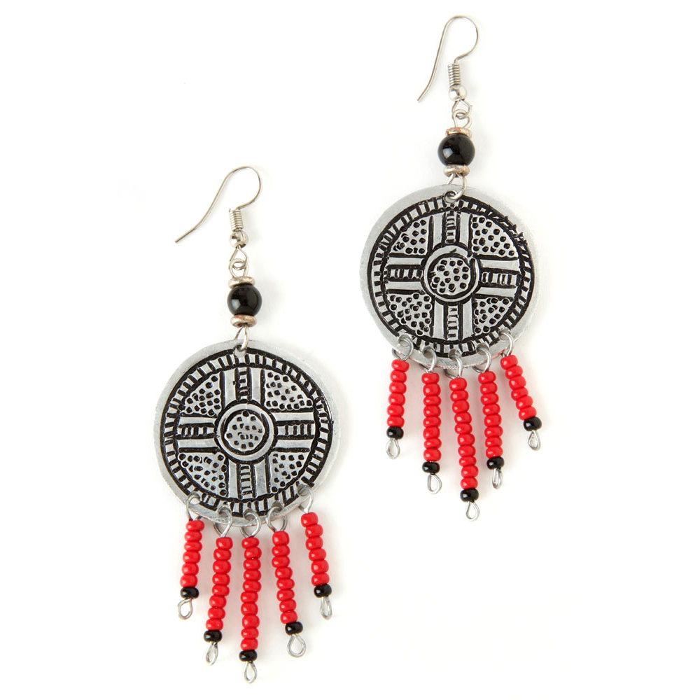 Kenyan Shield Earrings-Earrings-Boutique Africa-3.5x1.25 inches-Red-The Black Art Depot