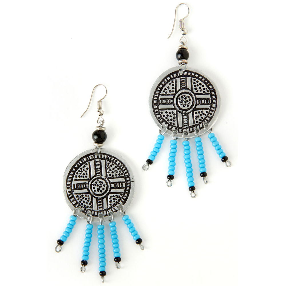 Kenyan Shield Earrings-Earrings-Boutique Africa-3.5x1.25 inches-Turquoise-The Black Art Depot