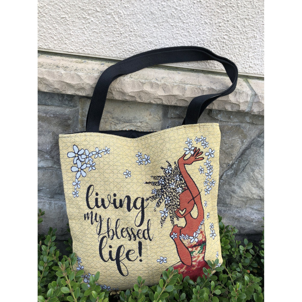 Living My Blessed Life: African American Woven Tapestry Tote Bag by Kiwi McDowell