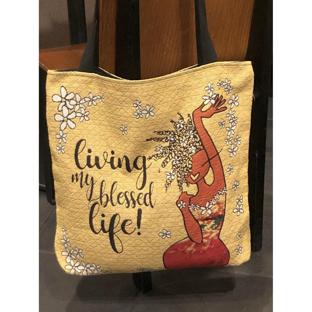 Living My Blessed Life: African American Woven Tapestry Tote Bag by Kiwi McDowell