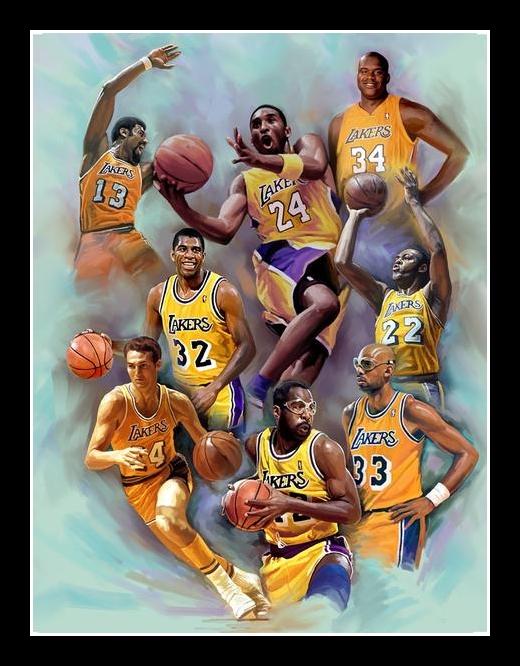 Laker Legends (A Tribue to the Great Los Angeles Lakers Basketball Players) by Wishum Greogry (Black Frame)