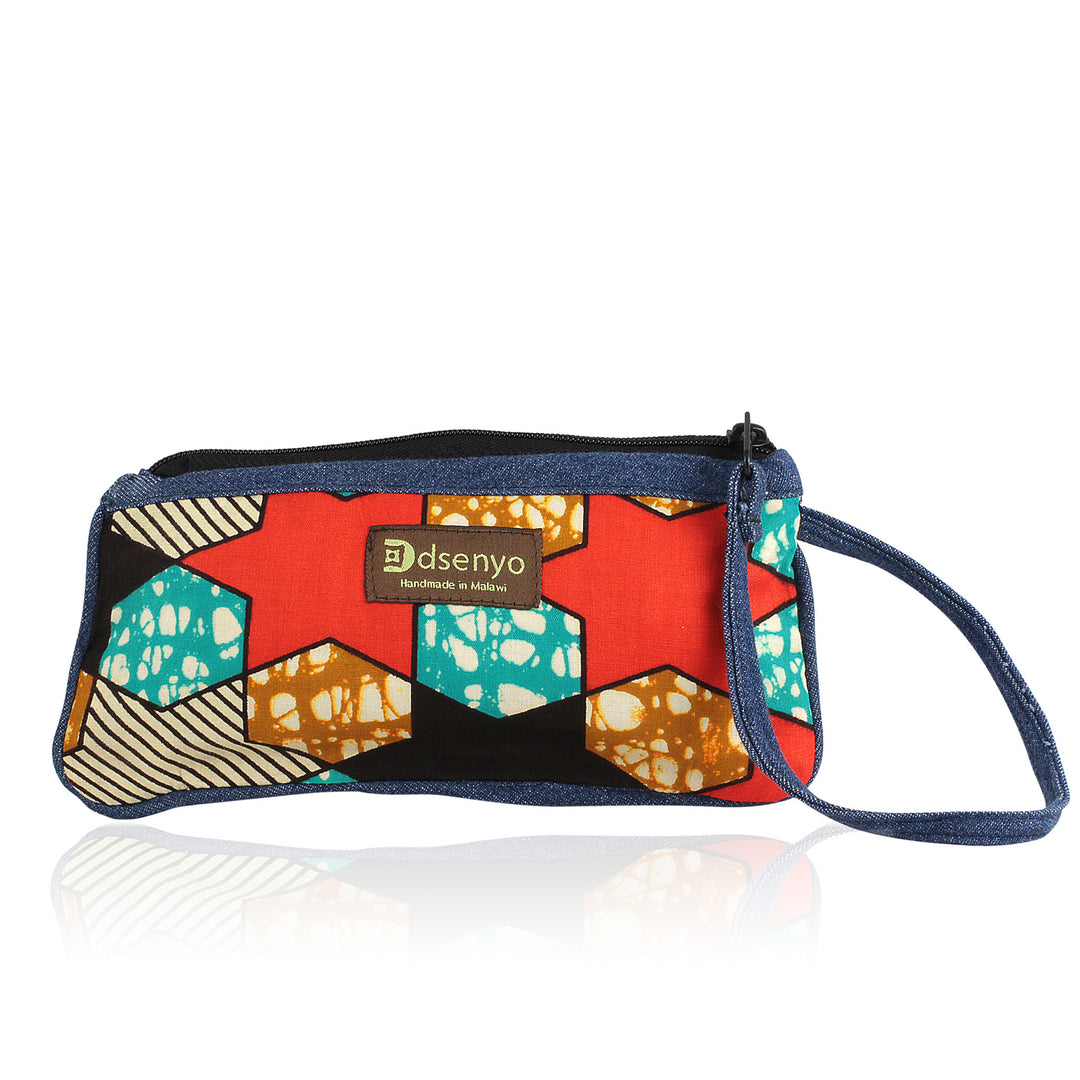 Tomato Red Stars: Hand Made Denim and African Wax Print Wristlet