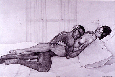 Inseparable is an erotic art print by Merrill Robinson depicting a nude black couple intimately embraced atop a bed.