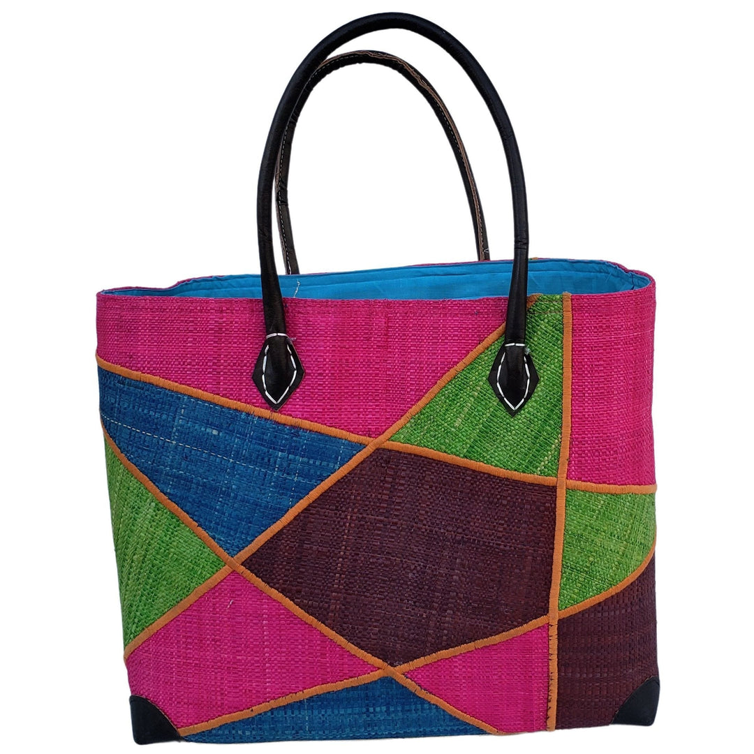 Mirana: Authentic Hand Made Multicolor Madagascar Raffia Hand Bag (Fuchsia Multicolor)