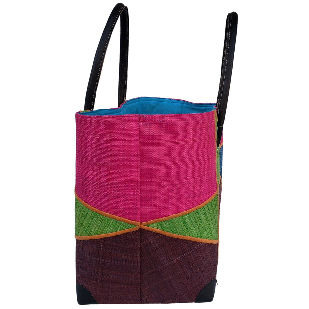 Mirana: Authentic Hand Made Multicolor Madagascar Raffia Hand Bag (Fuchsia Multicolor)