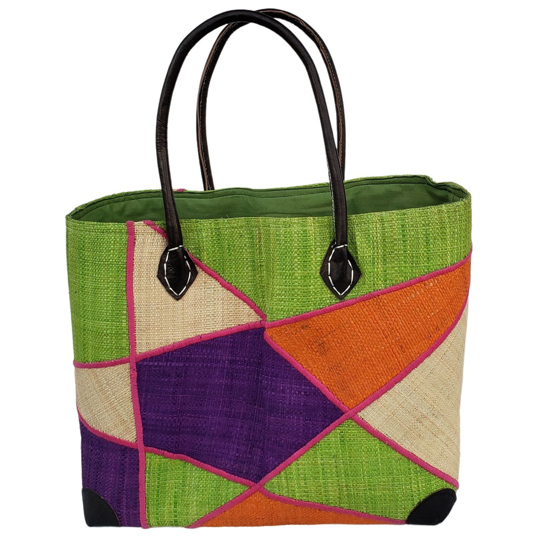 Mirana: Authentic Hand Made Multicolor Madagascar Raffia Hand Bag (Light Green Multicolor)