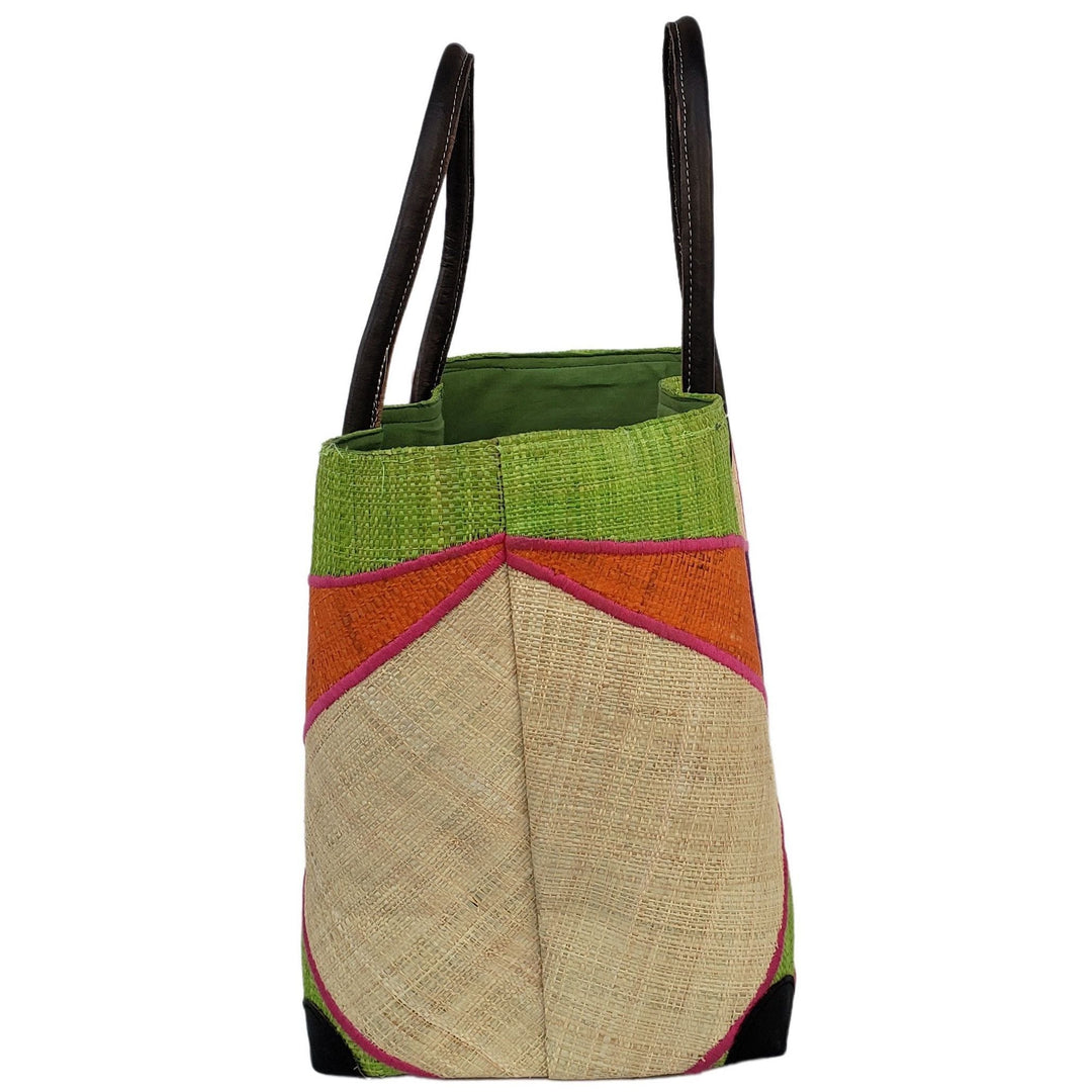 Mirana: Authentic Hand Made Multicolor Madagascar Raffia Hand Bag (Light Green Multicolor)