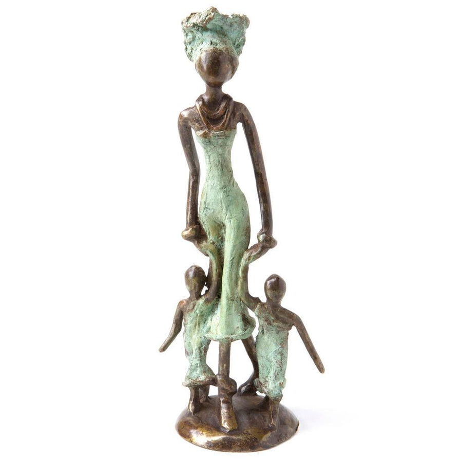 Mother and Children: Authentic African Bronze Sculpture (Burkino Faso)