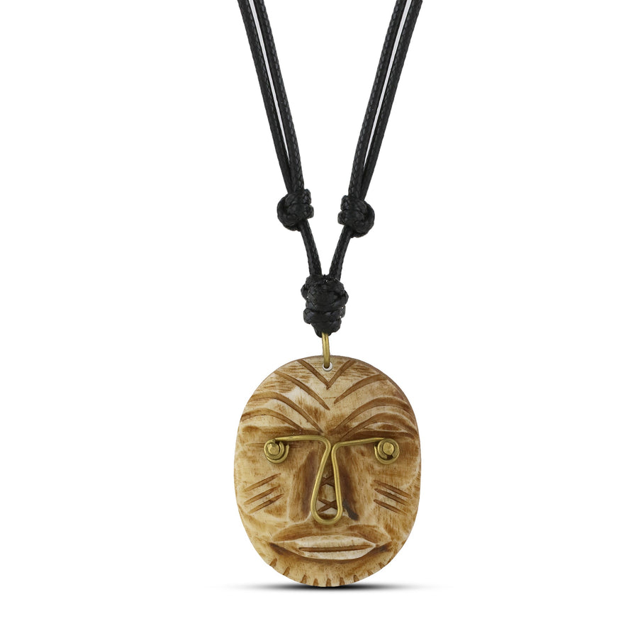 African Mask IV: Authentic African Bone and Brass Pendant Necklace