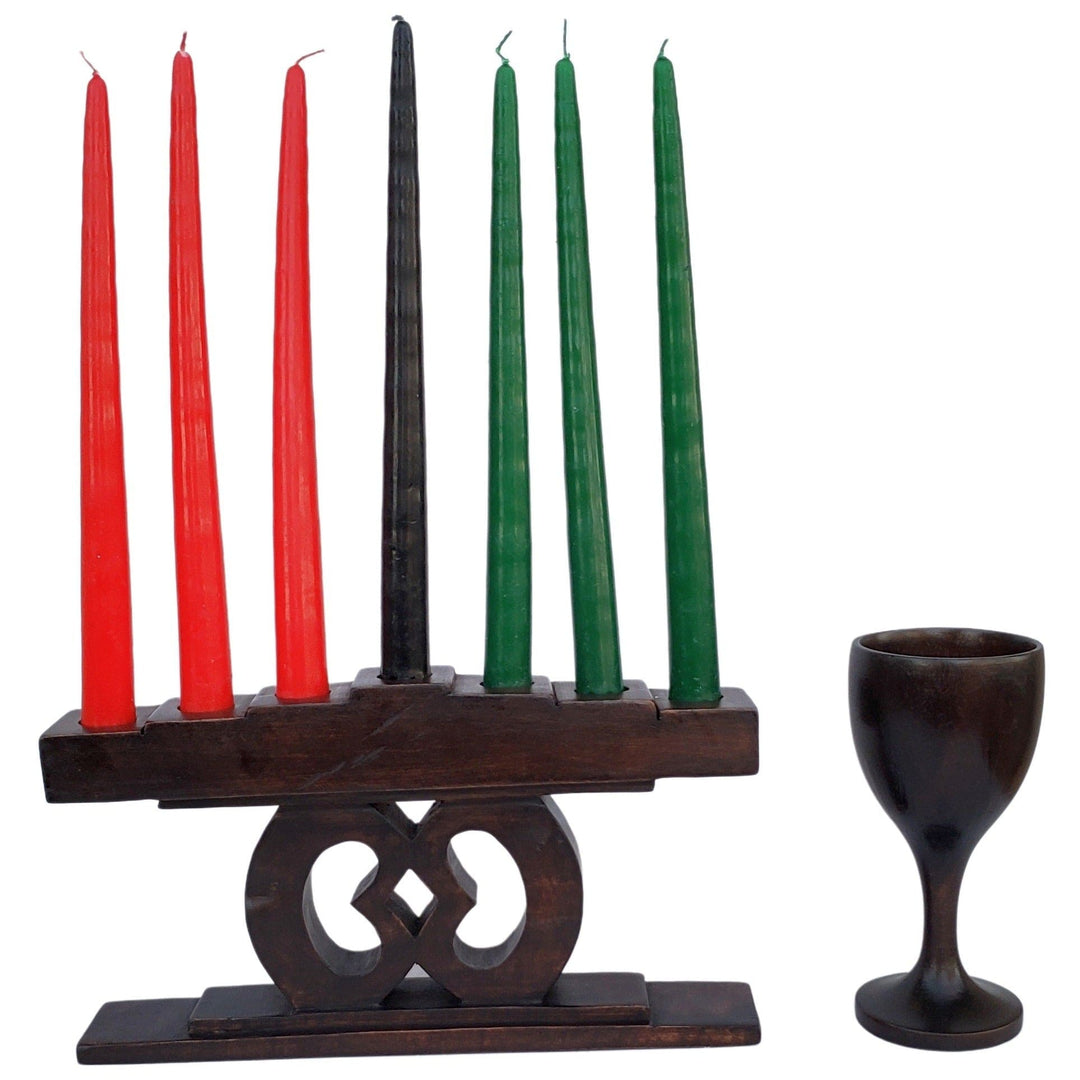 Nyame Biribi Wo Soro: Authentic Hand Carved Kwanzaa Wood Kinara Celebration Set (Brown)