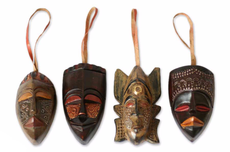 1 of 2: Authentic African Festive Mask Christmas Ornament Set (Ghana)