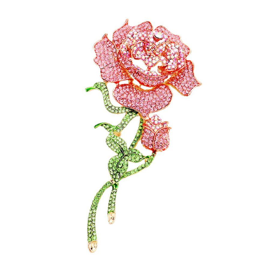 Alpha Kappa Alpha Inspired Pink Rose Embellished Rhinestone Brooch (Gold Tone)