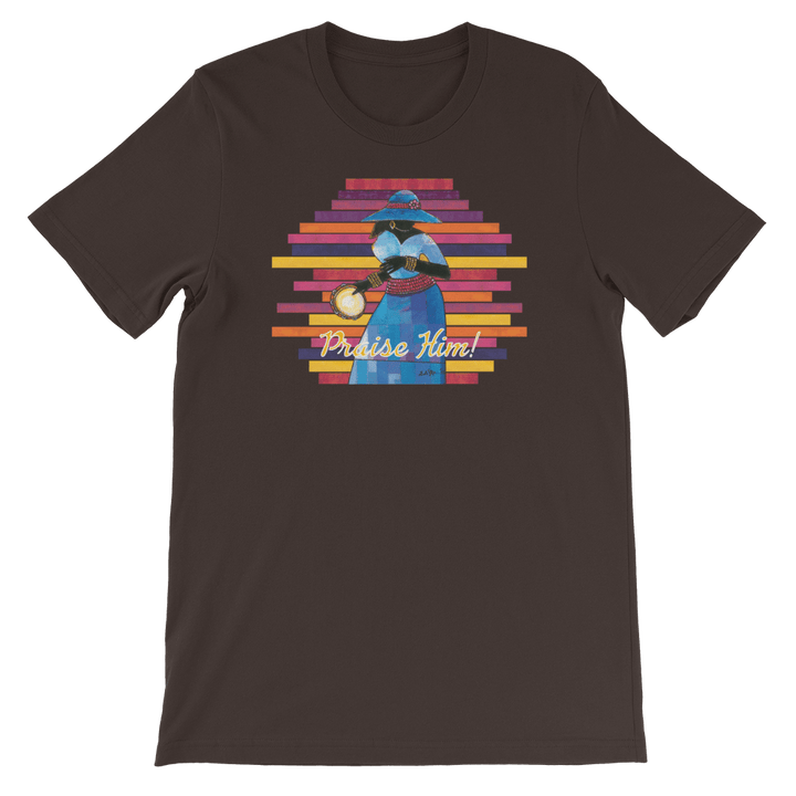 Praise Him by D.D. Ike: African American Religious Short Sleeve T-Shirt (Brown)