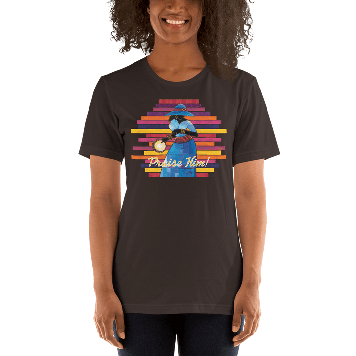Praise Him by D.D. Ike: African American Religious Short Sleeve T-Shirt (Brown)