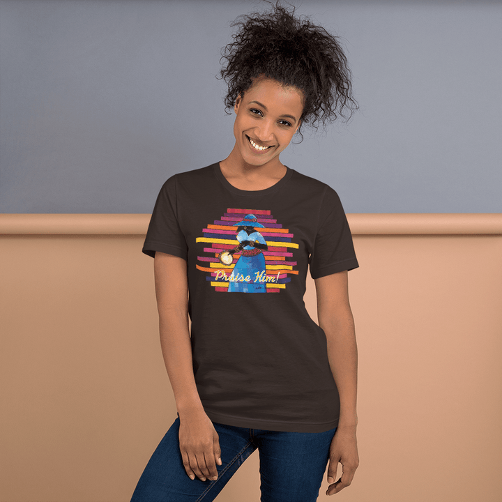 Praise Him by D.D. Ike: African American Religious Short Sleeve T-Shirt (Brown)