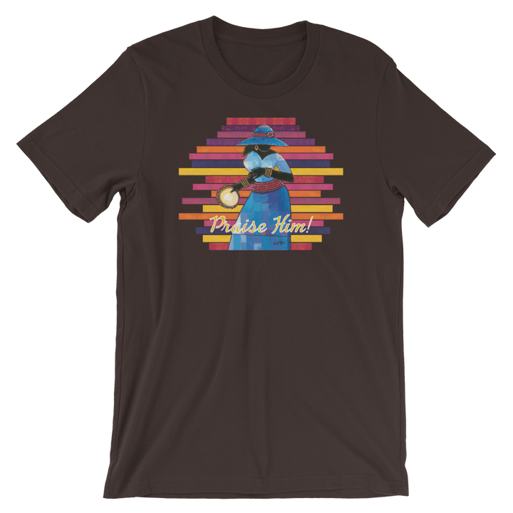 Praise Him by D.D. Ike: African American Religious Short Sleeve T-Shirt (Brown)