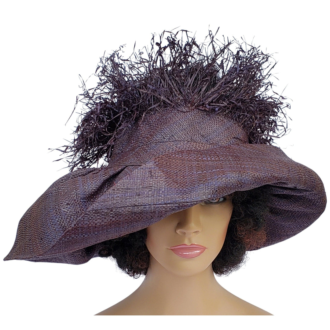 Chidinna: Hand Woven Madagascar Big Brim Crown Out Raffia Sun Hat (Black)