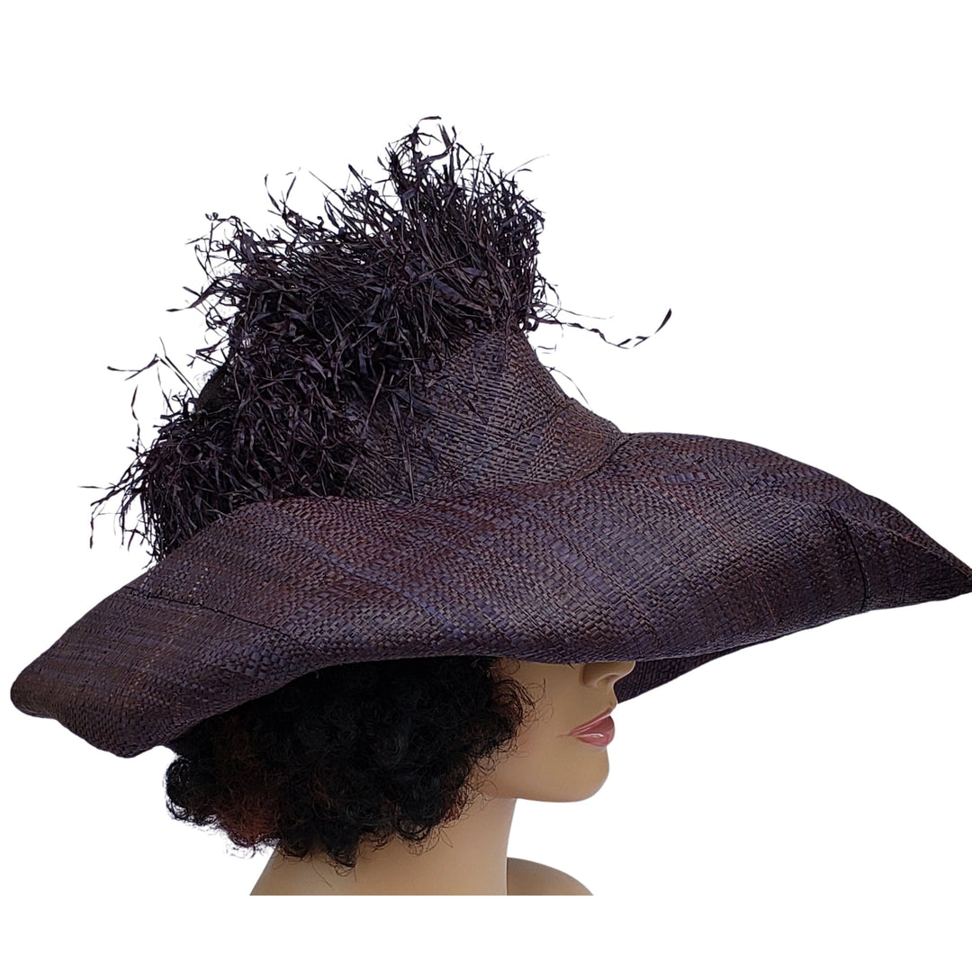 Chidinna: Hand Woven Madagascar Big Brim Crown Out Raffia Sun Hat (Black)