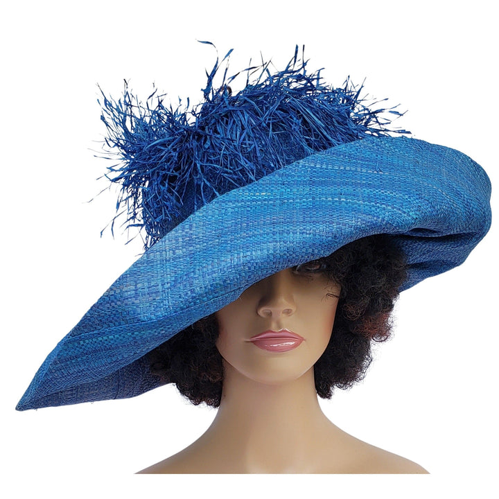 Hibo: Hand Woven Madagascar Big Brim Crown Out Raffia Sun Hat (Blue)