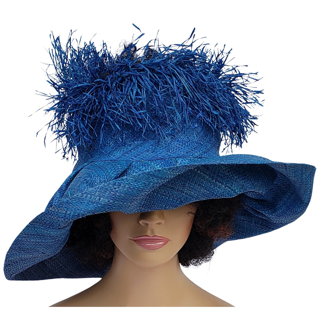 Hibo: Hand Woven Madagascar Big Brim Crown Out Raffia Sun Hat (Blue)