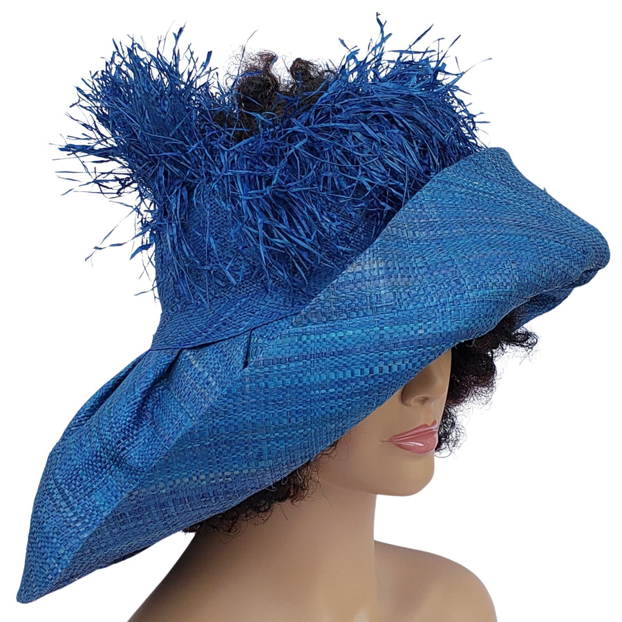 Hibo: Hand Woven Madagascar Big Brim Crown Out Raffia Sun Hat (Blue)