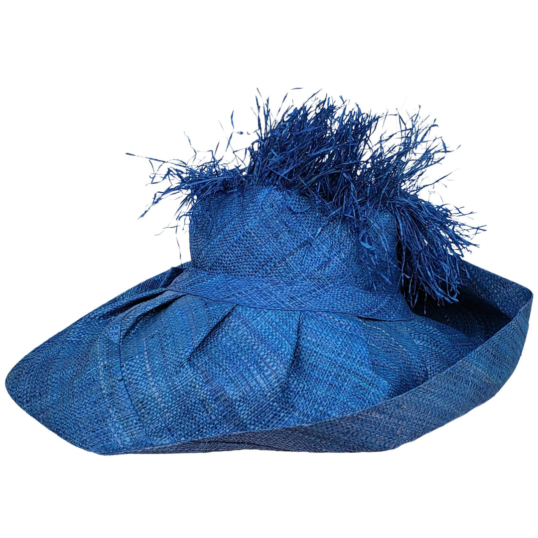 Hibo: Hand Woven Madagascar Big Brim Crown Out Raffia Sun Hat (Blue)