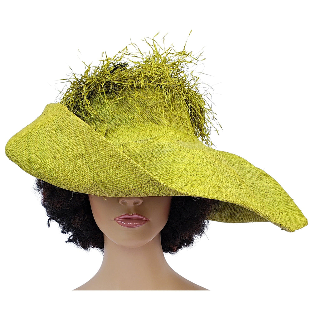 Ogechukwukama: Hand Woven Madagascar Big Brim Crown Out Raffia Sun Hat (Green)