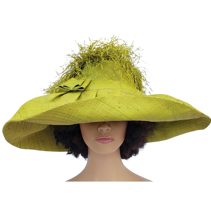 Ogechukwukama: Hand Woven Madagascar Big Brim Crown Out Raffia Sun Hat (Green)