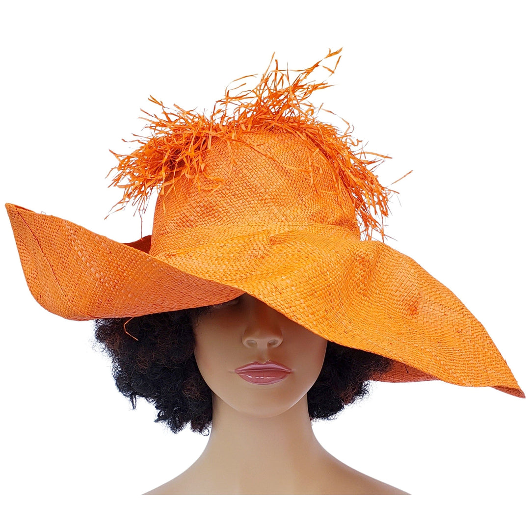 Hadiza: Handwoven Madagascar Big Brim Crown Out Raffia Sun Hat (Orange)