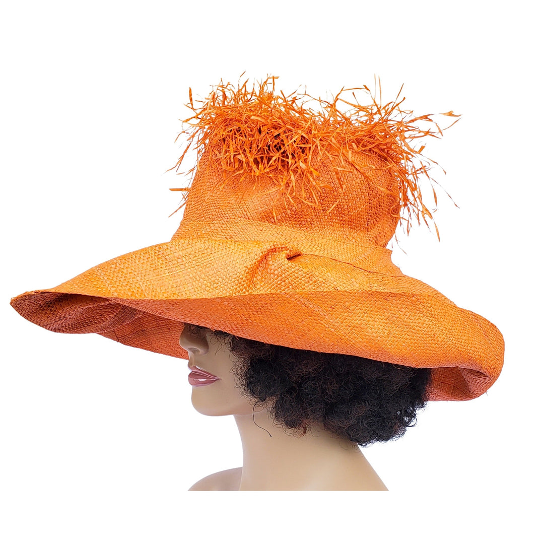 Hadiza: Handwoven Madagascar Big Brim Crown Out Raffia Sun Hat (Orange)