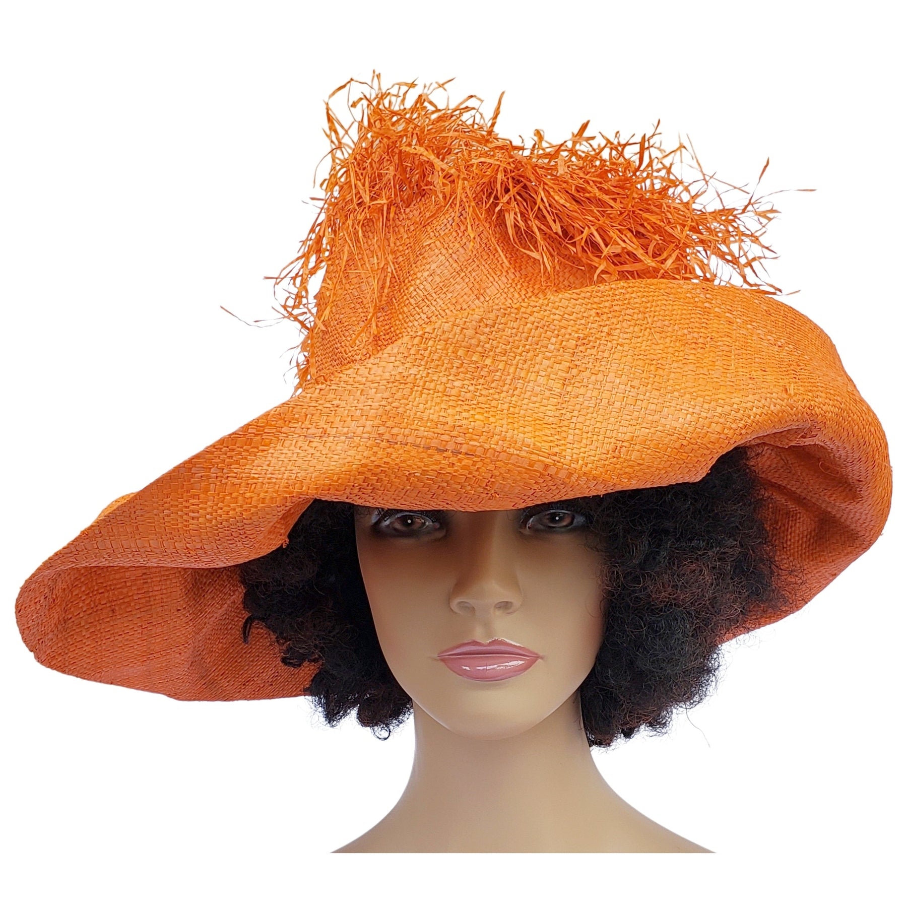 2 of 6: Hadiza: Handwoven Madagascar Big Brim Crown Out Raffia Sun Hat (Orange)