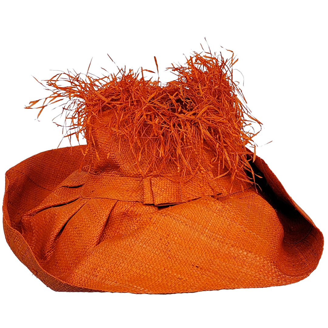Hadiza: Handwoven Madagascar Big Brim Crown Out Raffia Sun Hat (Orange)
