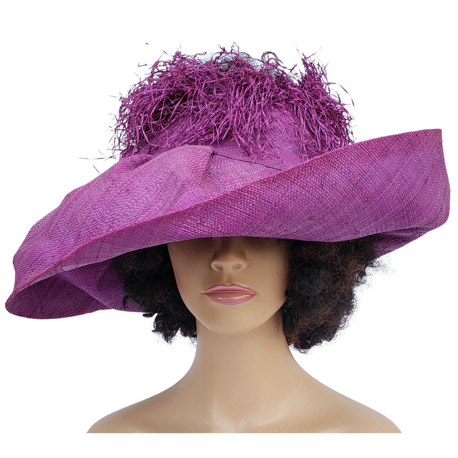 Aberash: Handmade Madagascar Big Brim Crown Out Raffia Sun Hat (Purple)