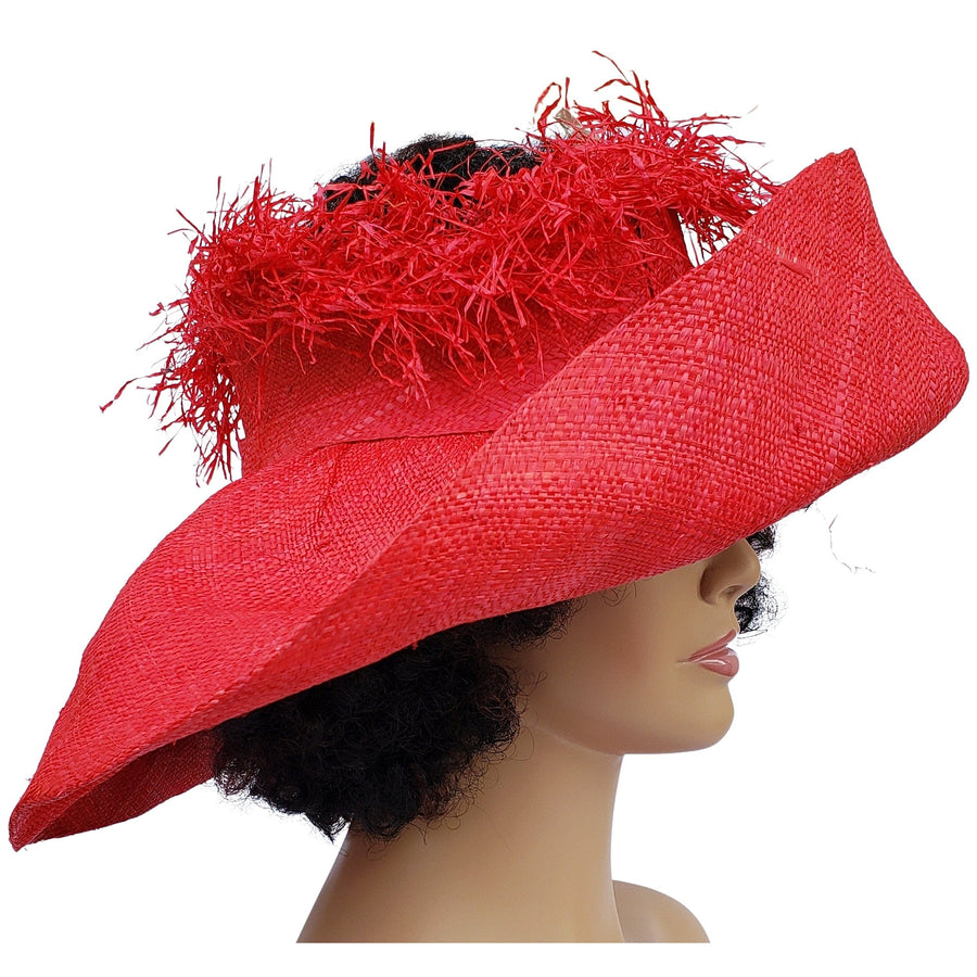 Nuru: Red Madagascar Big Brim Crown Out Raffia Sun Hat