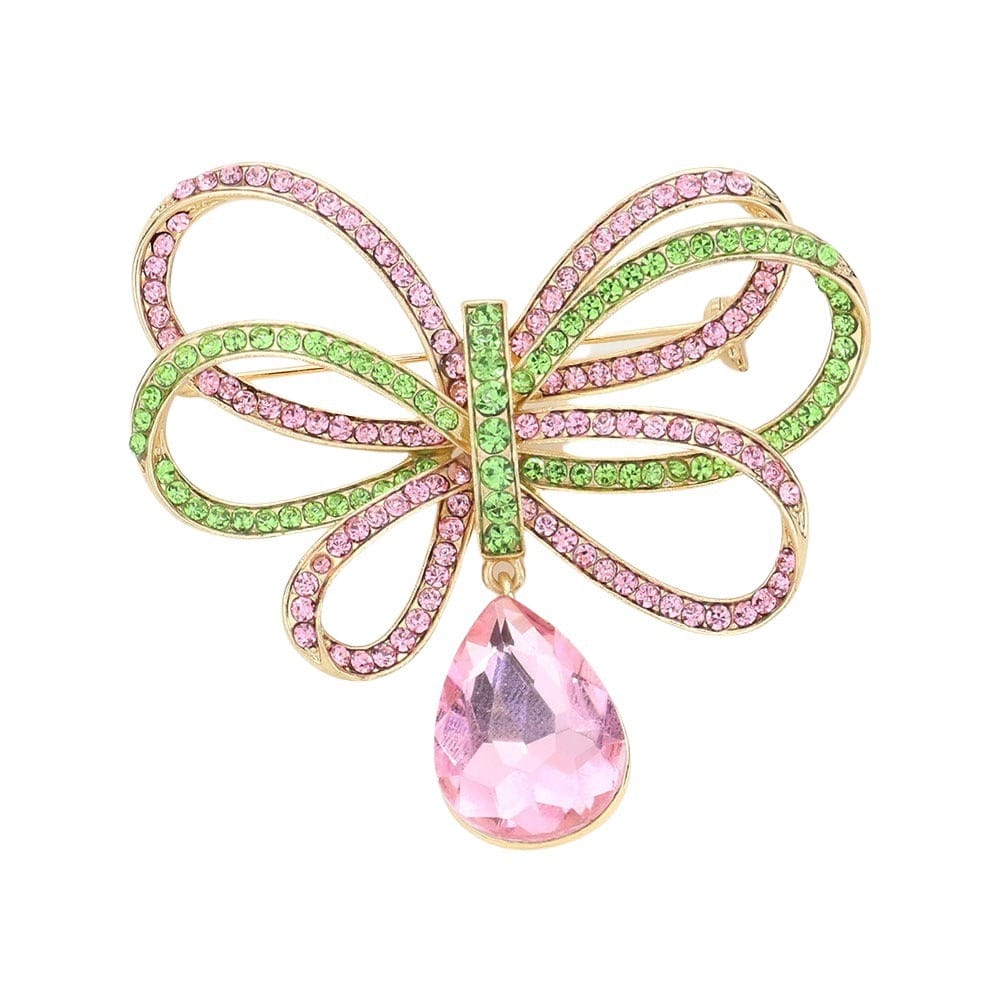 Pink and Green Pave Rhinestone Ribbon Dangle Brooch  ( Gold Tone)