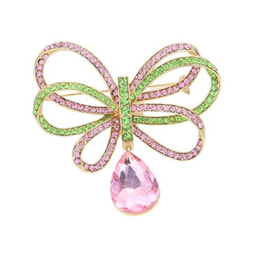 Pink and Green Pave Rhinestone Ribbon Dangle Brooch  ( Gold Tone)